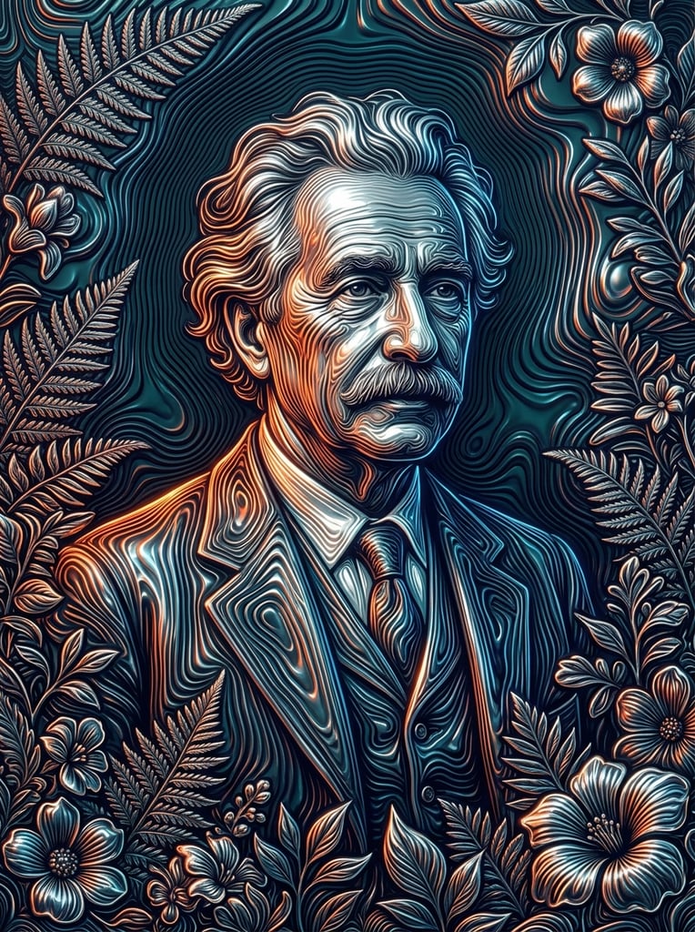 An older man with wavy hair and a prominent mustache wearing a suit jacket, waistcoat, and tie is centered and framed on the left, right, and bottom by overlapping ferns, leaves, and flowers, all rendered entirely as a dense network of fluid, glowing topographic contour lines. The entire composition is constructed from sinuous, undulating parallel ridges that simulate the appearance of glossy, rippling liquid metal. The subject and the botanical elements emerge from a deep teal and dark navy base, illuminated by intense, high-contrast lighting that creates striking pools of fiery orange, electric blue, and blazing silver-white luminescence. The intricate, swirling linework forms a highly tactile 3D-extruded relief, defining the man's facial features, formal attire, and the surrounding flora through shifting variations in line density and brilliant, blown-out metallic reflections. The visual execution mimics a dynamic, high-gloss fluid simulation mapping organic shapes into a luminous, marbled topography.