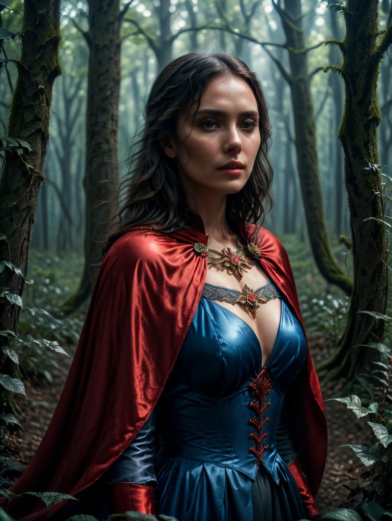 woman in a red cape and blue dress in a forest, portrait