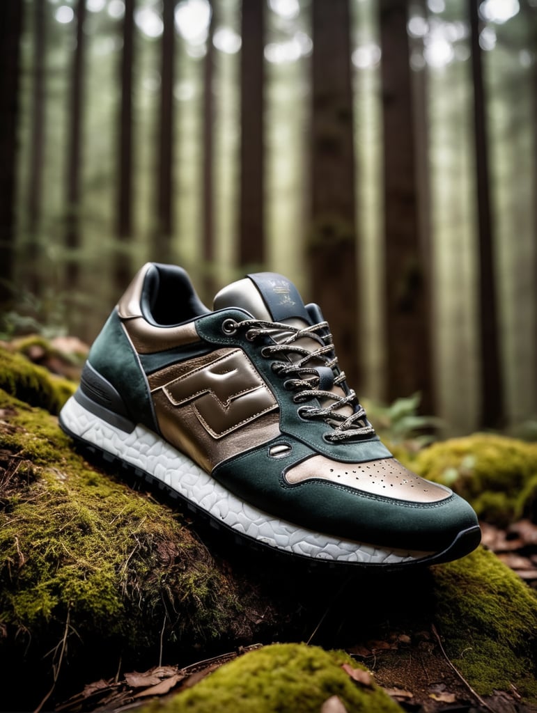 Photo of a metalic sneakers in the forest, blurry