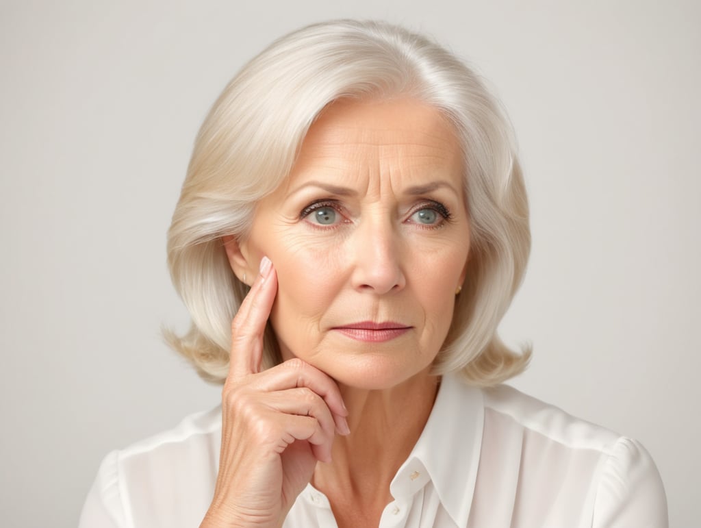 Blonde middle aged woman ponders on something keeps hand near face, white hair, white blouse, mature women, pretty old women, isolated, white background