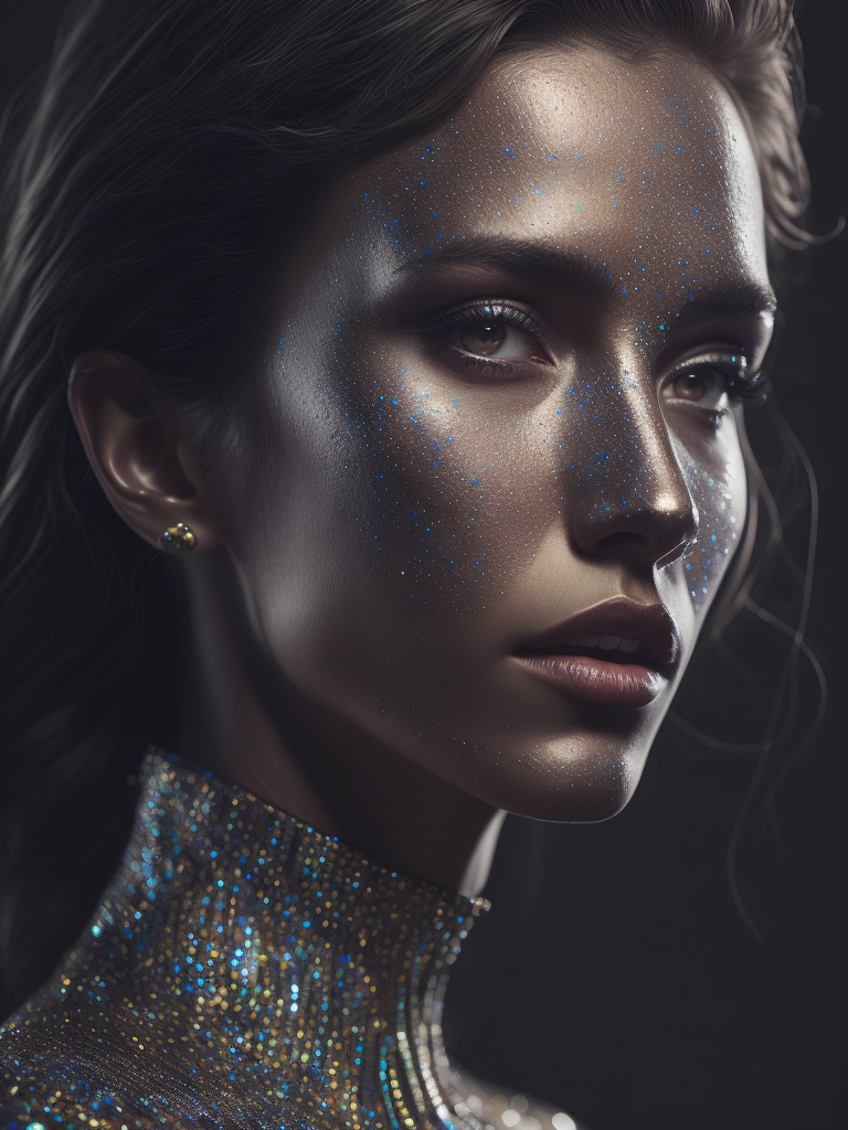 Mesmerizing Holographic face materials shimmer in motion, Photography in the style of Rankin