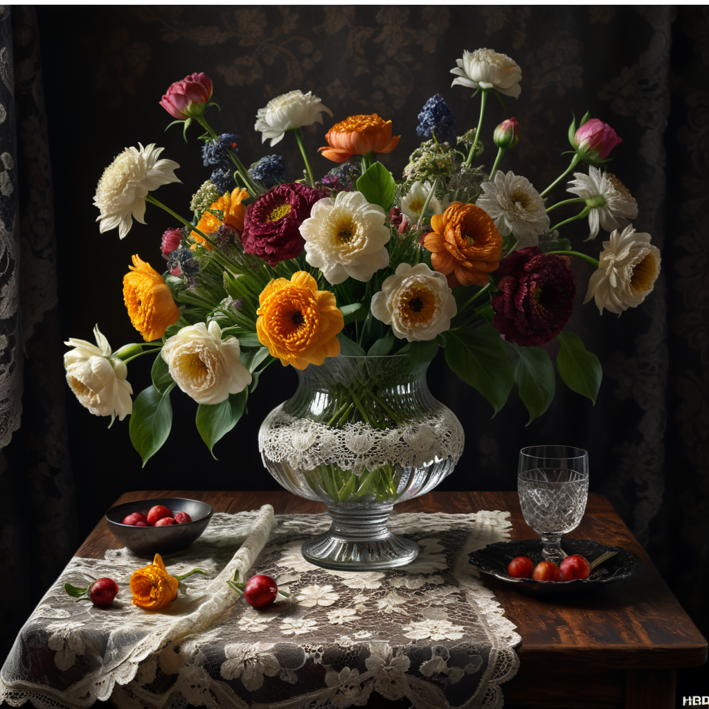 Flowers in a glass vase + on an old table + lace tablecloth