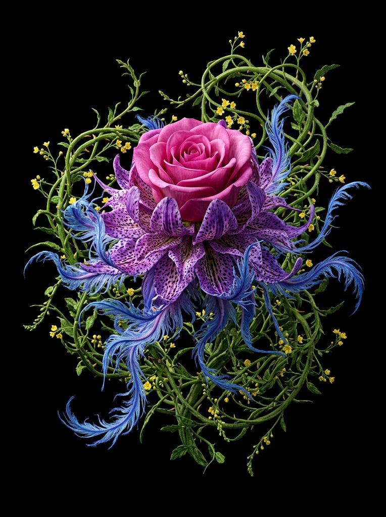 surreal hybrid botanical bloom, pink rose apex, purple speckled mid-petals, blue fringed tendrils, surrounded by curling green stems with tiny yellow blossoms, solid black background, highly detailed 3D render