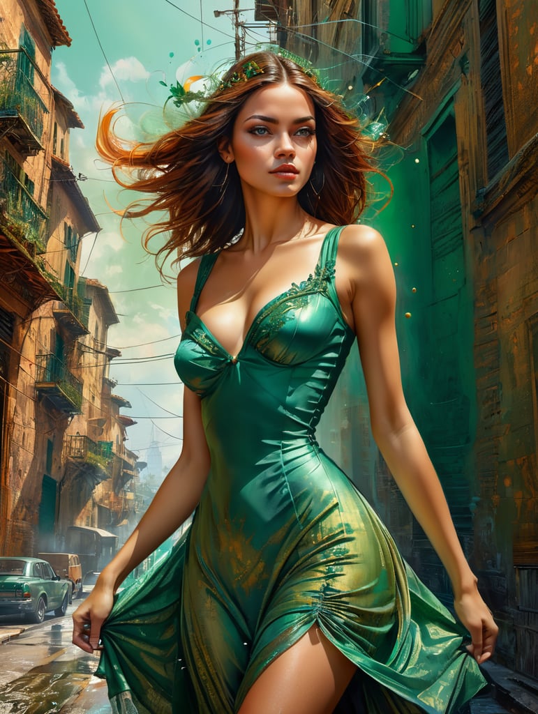 Michael Cheval style illustration, of a twenty-year-old woman, very beautiful, similar to Veronica Castro, dressed in a beautiful green dress.