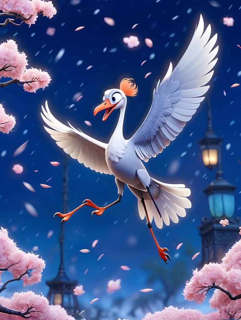 A Japanese crane flying in a blue night sky surrounded by falling cherry blossoms