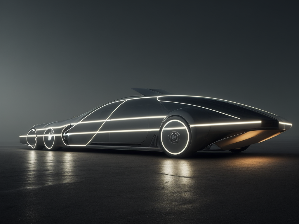 Wide shot of a minimal biomechanical translucent vehicle reminiscent of 40s car, silver and black colors, led lights, glowing headlights, creepy ambiance, fog,