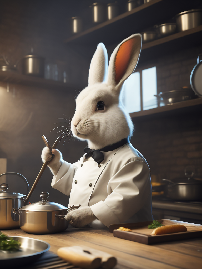 White cute rabbit stylized as a cook in a white clothes at the kitchen