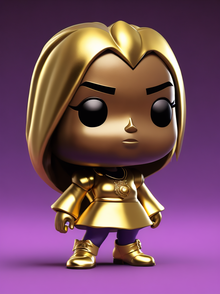 Full body Plastic figurine of of beyoncé with gold hair, gold dress, gold boots, 3d octane render, funko pop, violet background, vibrant colors
