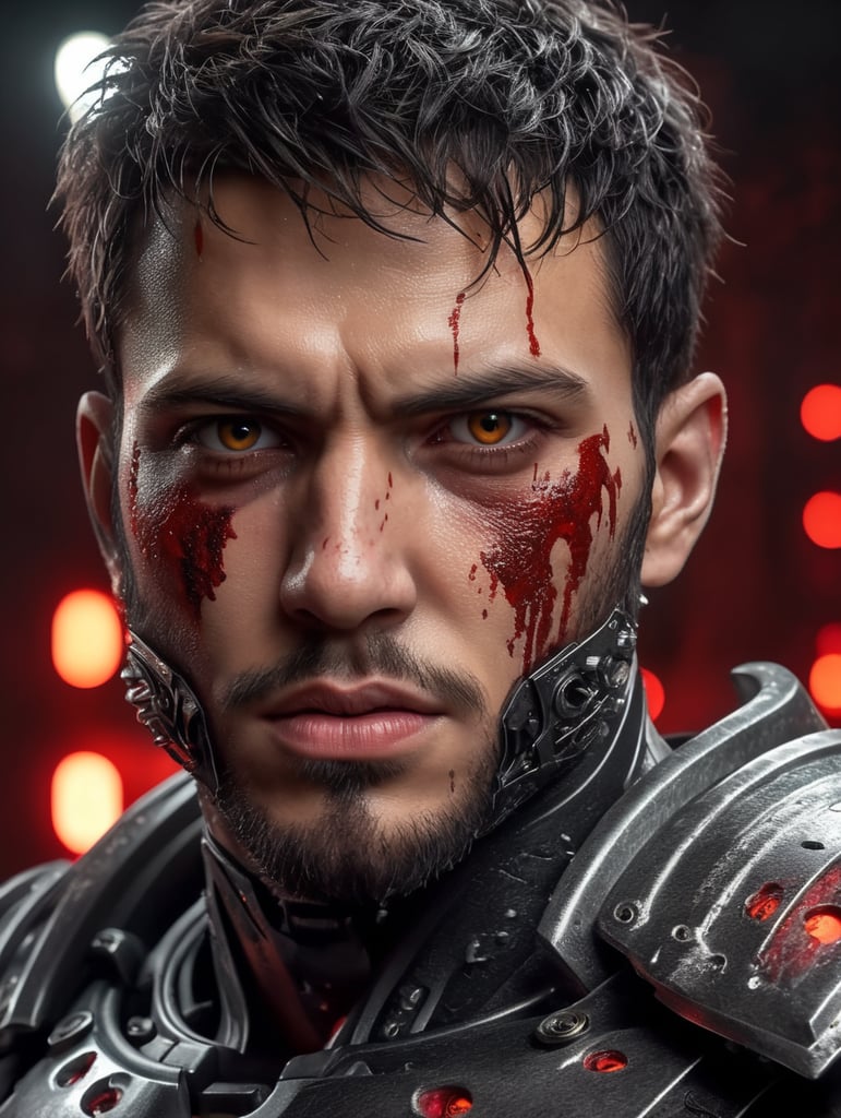 A realistic photograph of a 22-year-old man, with a scary angry expression, black messy short hair, dark black eyes, with a cut scar in the eye, with no beard, strong body, wearing a white robotic armor, covered with red dye, with a bright background with white leds, dramatic illumination, hyperdetailed, hyperrealistic, 8 k