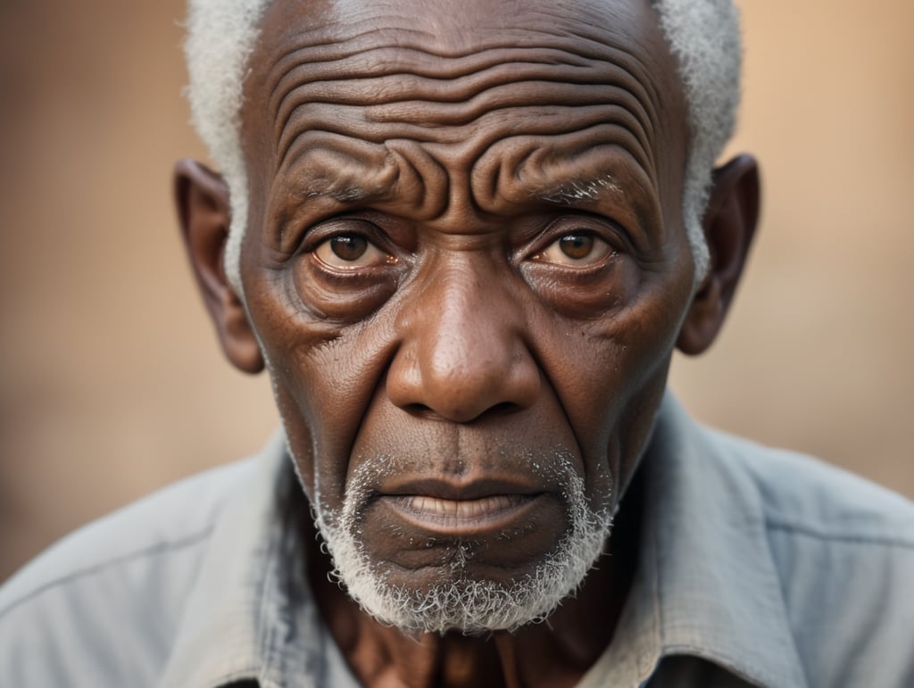 Visage hyper détaillé d'un vieu africain essayant forçant pour voir à travers la caméra, il est étonné comme s'il ne croyait pas à ce qu'il voyait, cadrage serré sur la tête