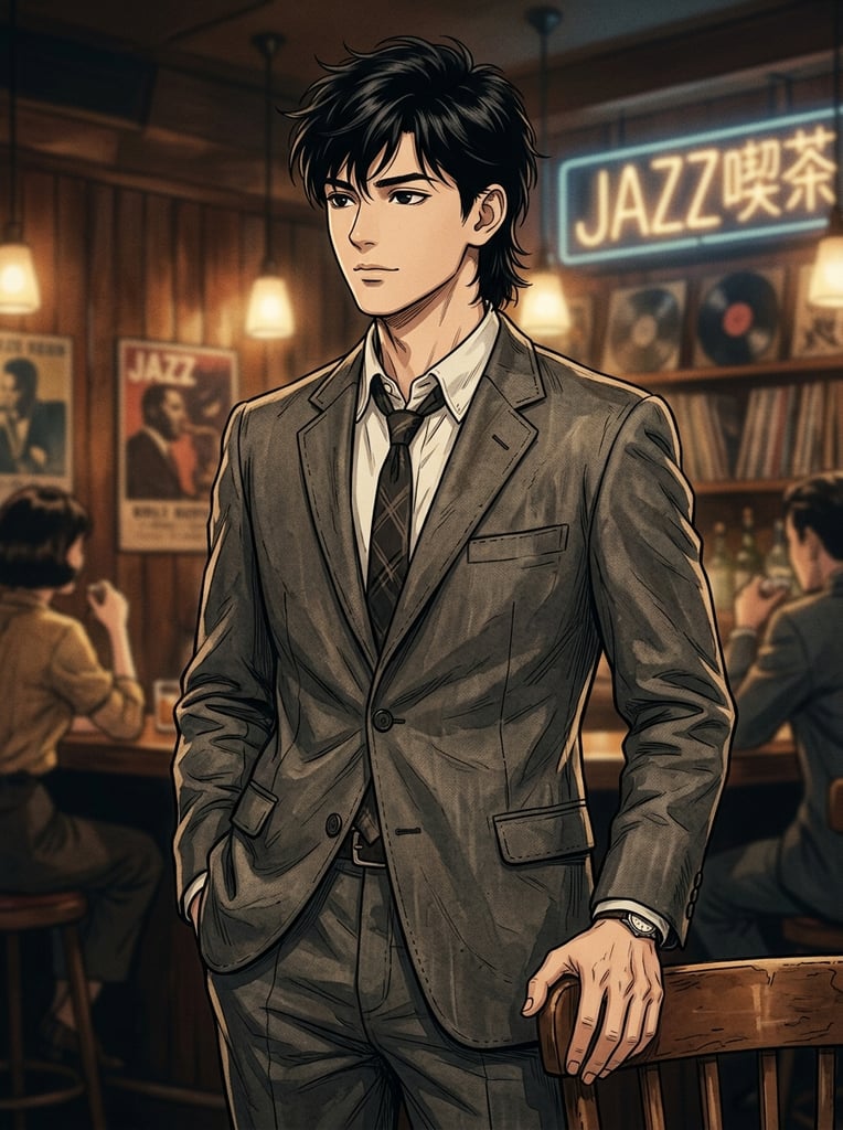 Anime man in a worn 1960s suit. He's in his early twenties has a black mullet and black eyes he is very fit