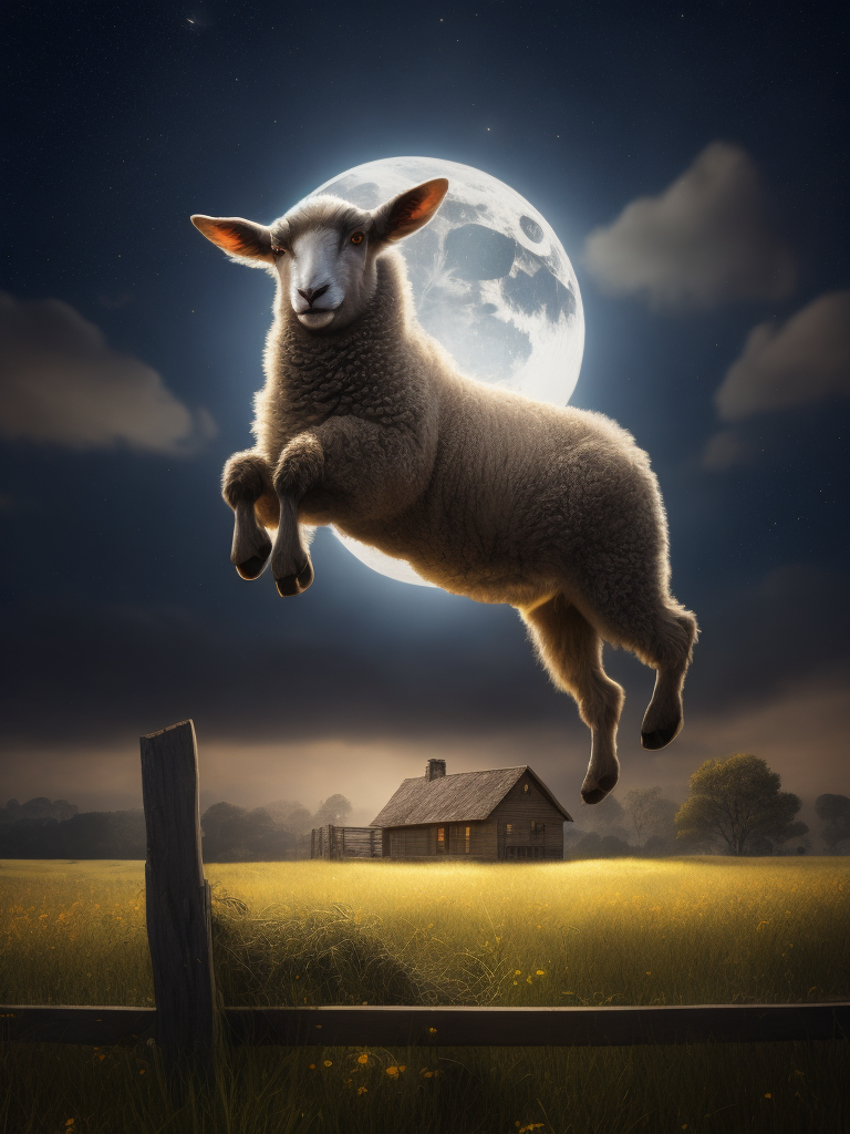 Photo realistic young sheep jumping over a fence in a field behind a house at night with a bright moon