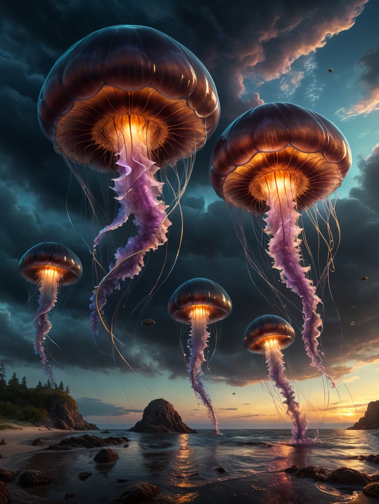 jelly fish in sky, fish on land