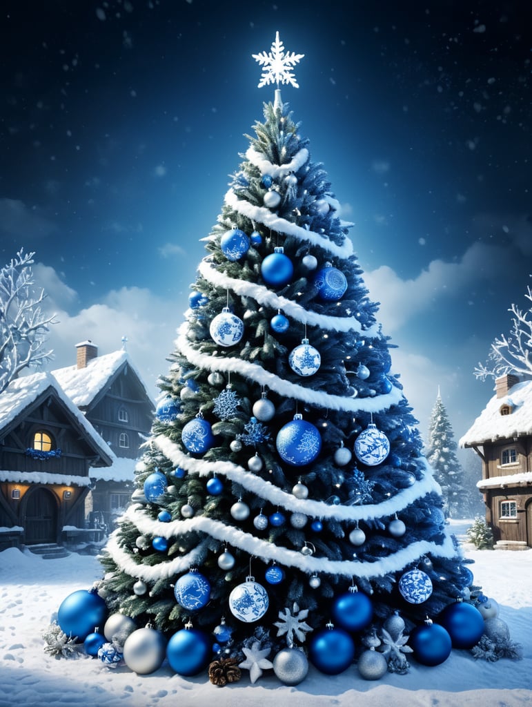 Create a Christmas greeting for Osijek FC in white and blue style, with Christmass tree, white blue decoration, snow