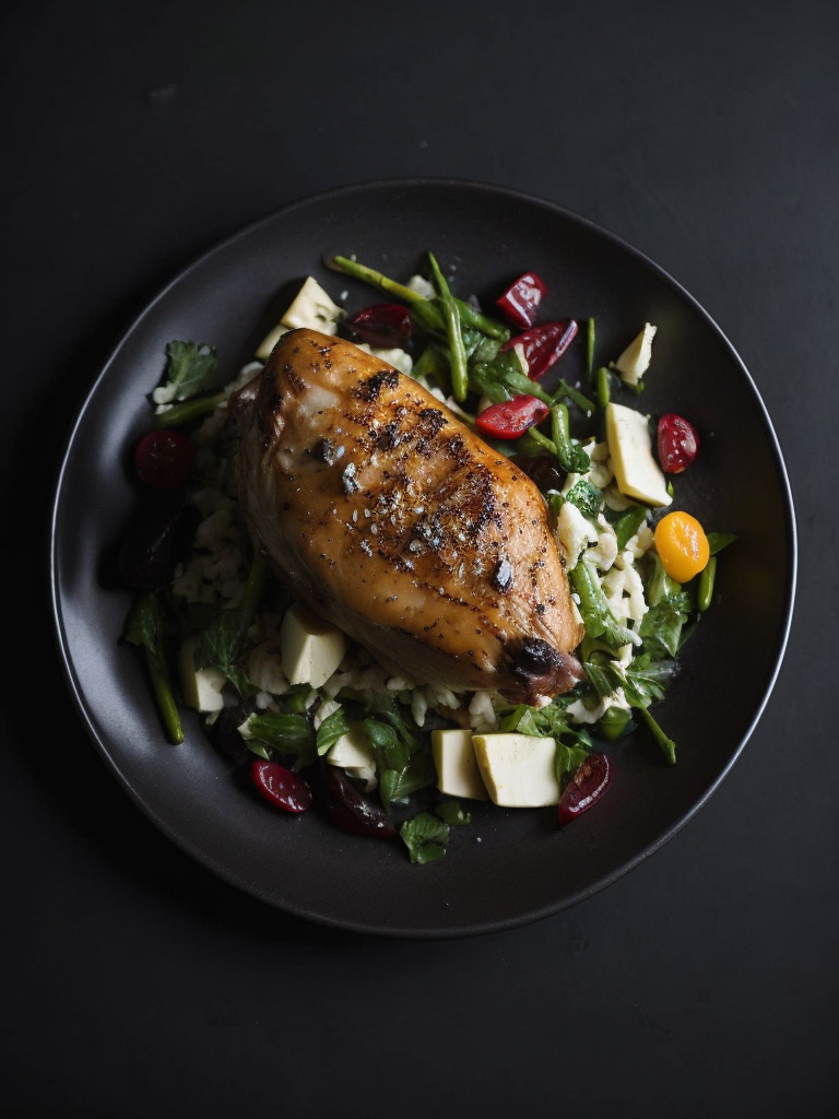 Chicken and Goat Cheese dish, photo, top view, dark plate, dark table