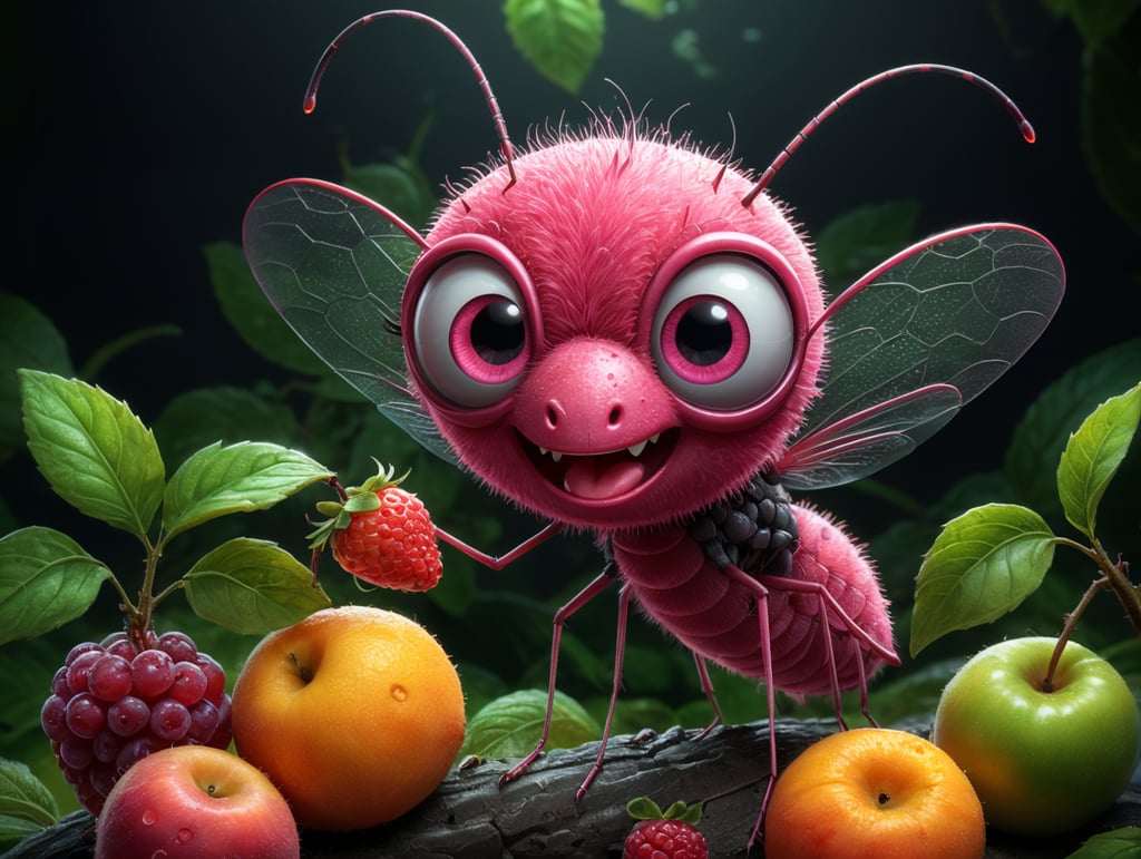 cartoon character, 2d, fruits, pink mosquito, cute, creative, kid style