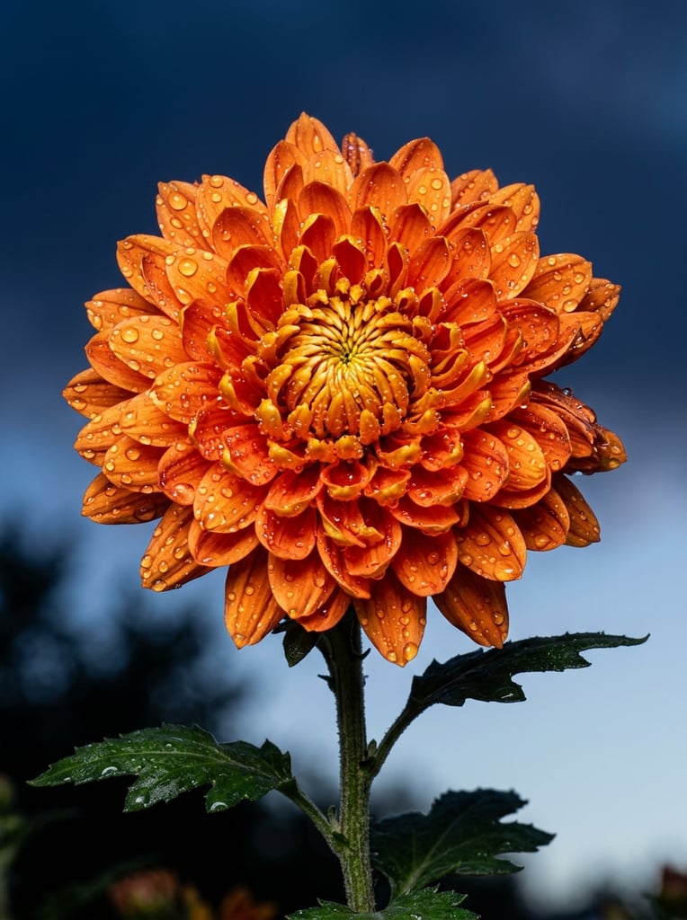 Vibrant orange chrysanthemum covered in glistening water droplets, captured in a hyper-realistic macro shot. Dense, curved glossy petals radiate from a tightly curled center atop a textured green stem with dark leaves. Crisp directional lighting contrasts the vivid bloom against a dramatic navy-to-pale-blue gradient sky.