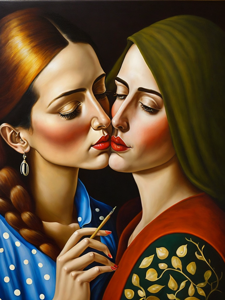 a two women kissing, style of Catherine Nolin, Painting, Acrylic, Oil, Portrait, Interior, USA