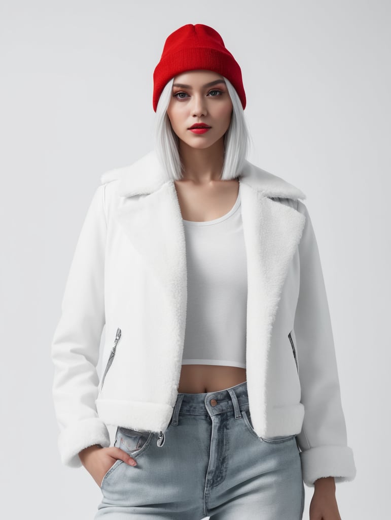 a young women with white hair and red hat on his head is wearing a white lacket, isolated, white background
