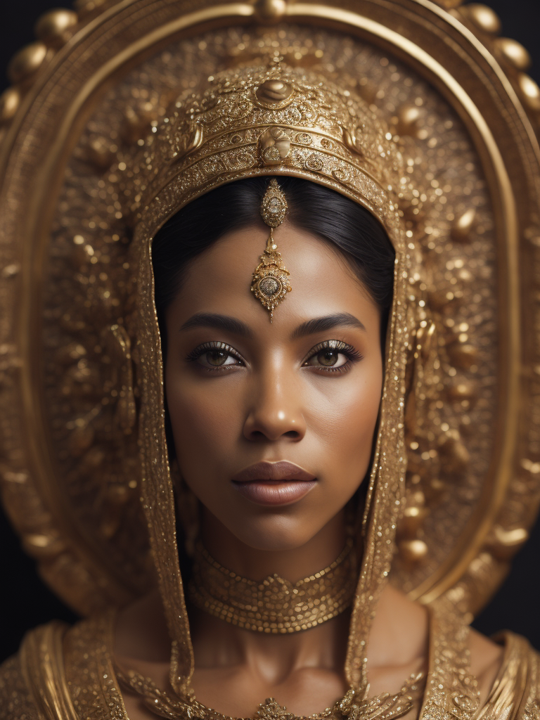 a photorealistic golden image of queen Bathsheba from the Bible, extremely detailed, detailed symmetrical realistic face, natural skin texture, extremely detailed skin with skin pores, peach fuzz, wearing a masterpiece, Israeli beauty, golden accessories, award winning photo, nikon d850 film archival photography, kodak portra 400 camera f1.6 lens, extremely detailed, amazing, fine details, rich golden color, texture hyper realistic, spectacular lighting, unreal engine, trending on artstation, cinestill 800 tungsten, looking at viewer, realistic photo, RAW photo, high quality, high resolution, sharp