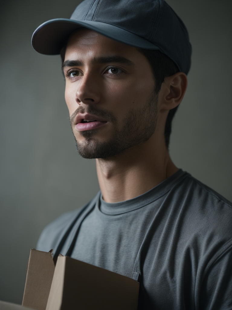 portrait of a delivery man, wearing a cap and t-shirt, holding a box