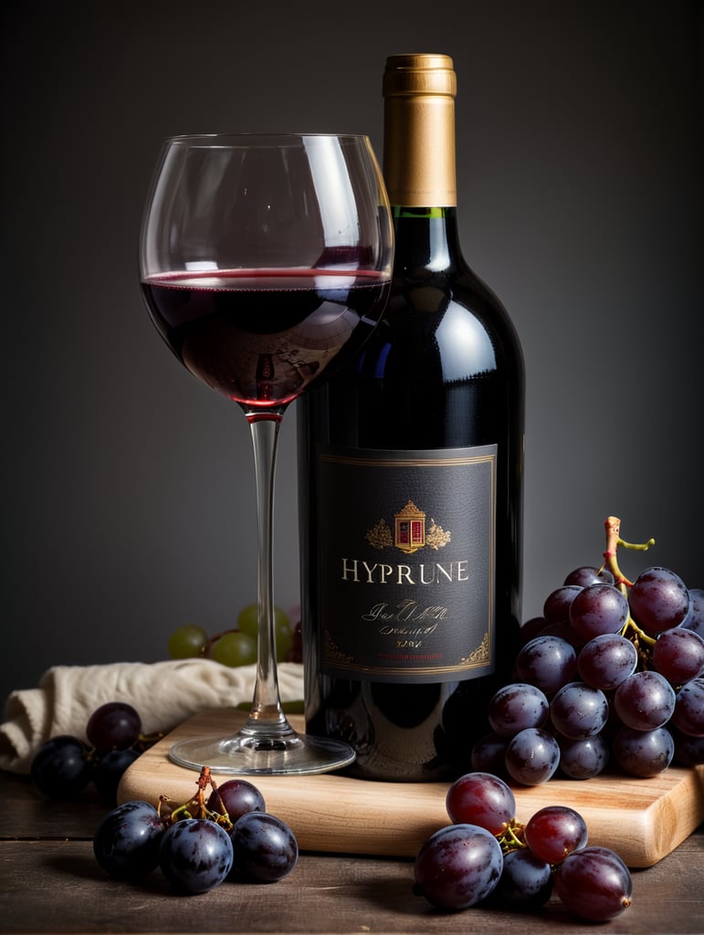 wine bottle with glass of dark red wine, grapes