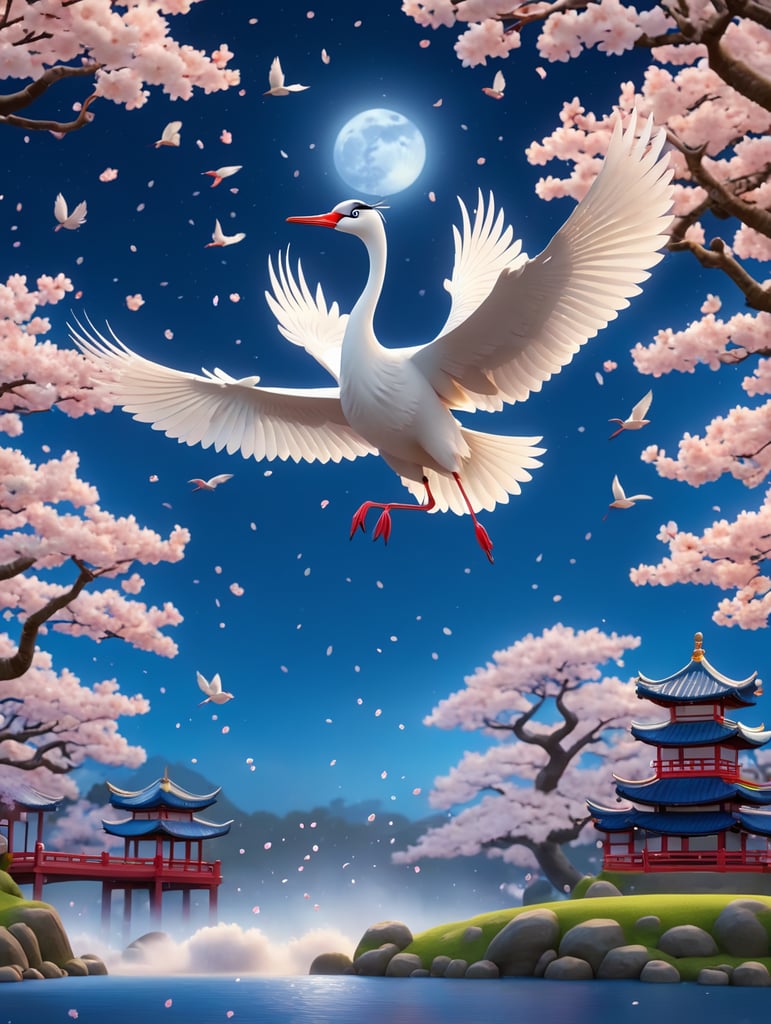 A Japanese crane flying in a blue night sky surrounded by falling cherry blossoms