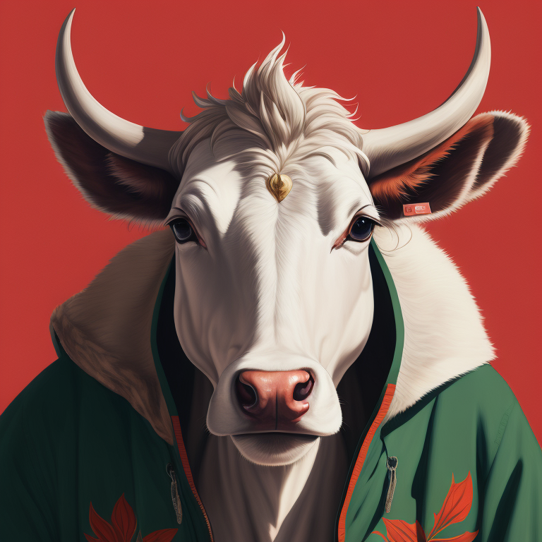 white cow , face smile,portrait, red hoodie, green mohawk, vintage, photorealistic illustration, vector, flat, isolated on white background, Painting, Oil, Still Life, Botanical, Italy, style of Giuseppe Arcimboldo