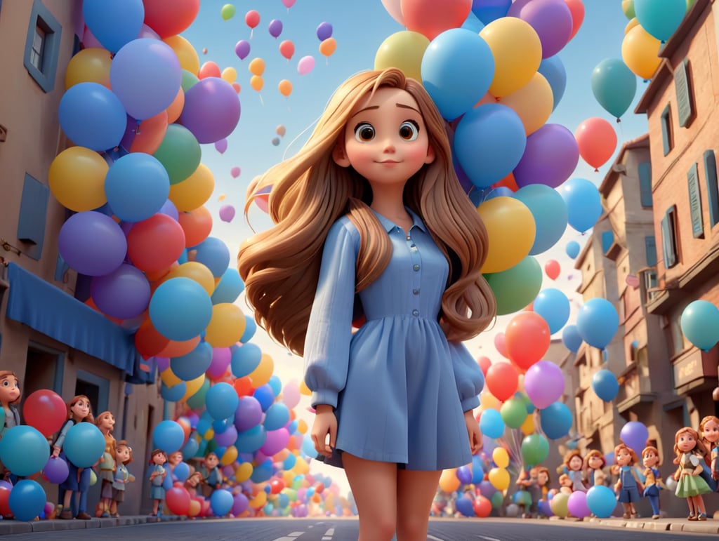 A beautiful girl with long hair is standing in front of a street full of balloons, Pixar animation style