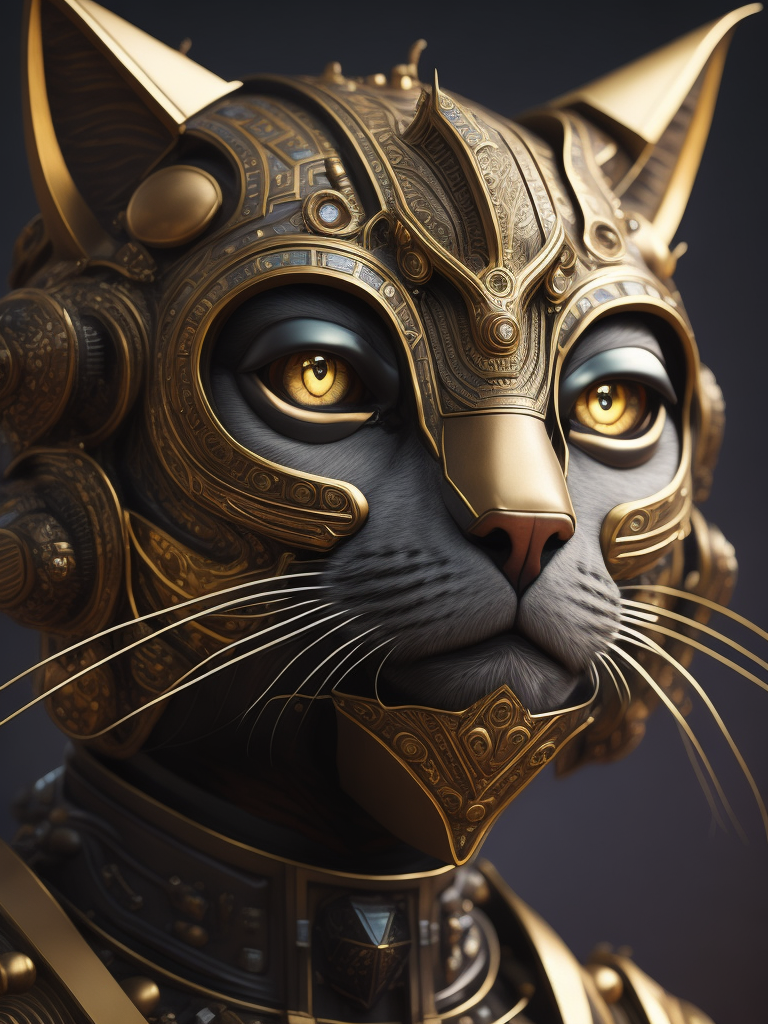 Masterpiece sculpture of an ornate bejeweled mechanical robot cat face, by annie swynnerton and diego rivera and nicholas roerich and jean delville, symbolist, dramatic lighting, god rays, elaborate geometric ornament, art brut, rich colors, smooth, sharp focus, extremely detailed, adolf wolfli and donato giancola