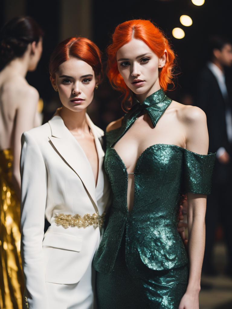fashion images catwalk exotic rich colors vibrant luxurious clothes in the style on Alexander McQueen. Emerald greens and red hair models female