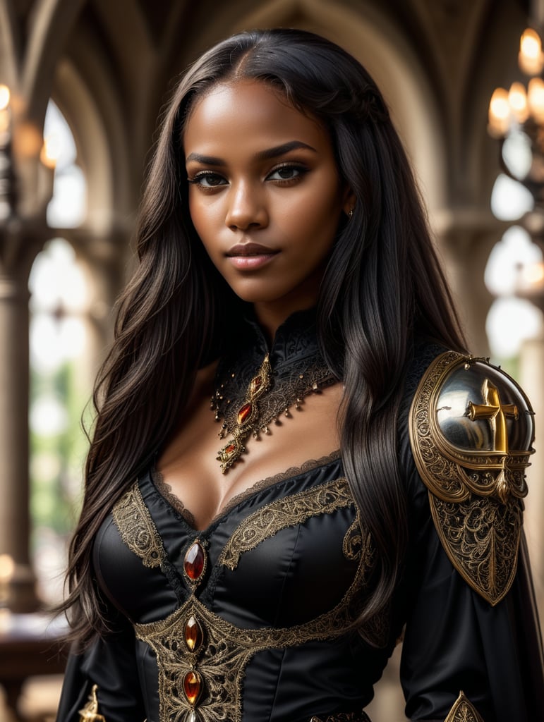 uma linda garota negra, ela veste uma linda roupa estilo catolica e gotica , ela tem cabelos muito longos, pretos e lisos foto hiper realista e detalhada
