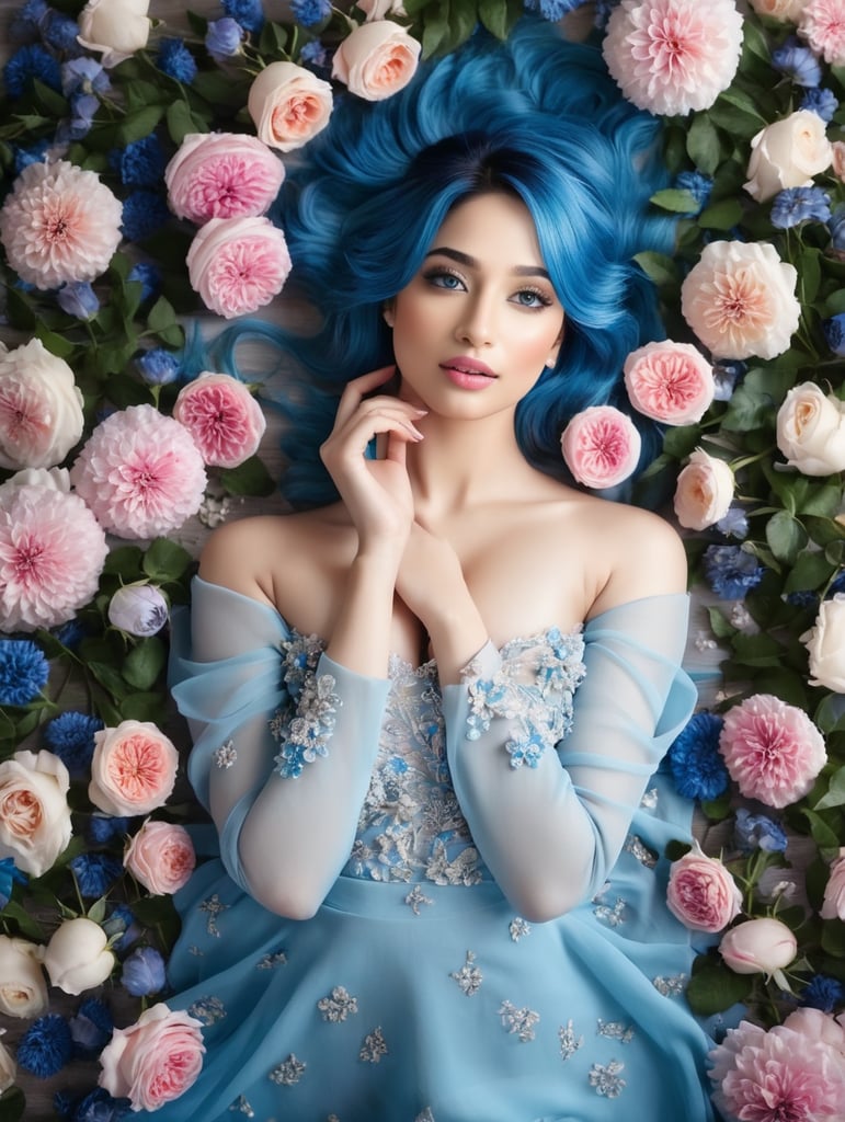Desktop HD wallpaper: Tamannaah Bhatia,Flower, Rose, Dress, Model, Women, Blue Eyes, Blue Hair, Long Hair, Lying Down free download background picture,Human laying in flowers, top view, cinematic, dark light, beautiful colors, detailled, 4k