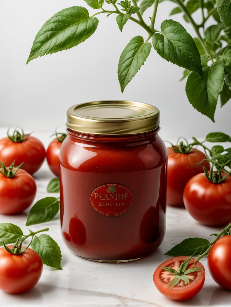tomato ketchup jar, red tomato with green leaves, isolated, white background, mockup