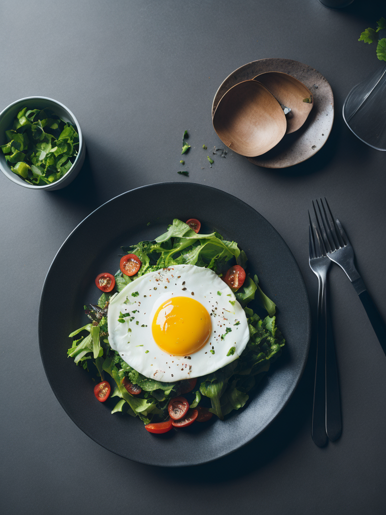 Gardas brokastis uz gaiša galda . šķīvī cepta ola , tomāti uz zaļie salāti. blabus šķīvim dakšiņa un nazis