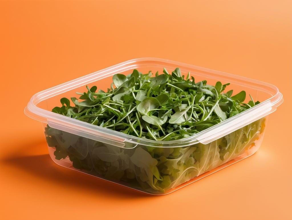 blank Transparent Plastic Container with Arugula Salad, isolated, orange background, Modern presentation, Mockup, mock up