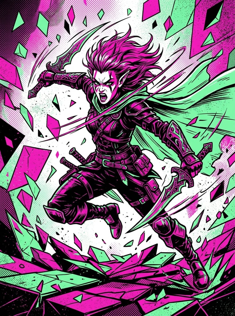 A fierce elven rogue strikes a dynamic combat pose wielding dual ornate daggers. Rendered in a high-contrast graphic pop-art illustration style featuring a vibrant duotone palette of hot magenta and mint green with harsh black inked shadows and floating geometric shards.
