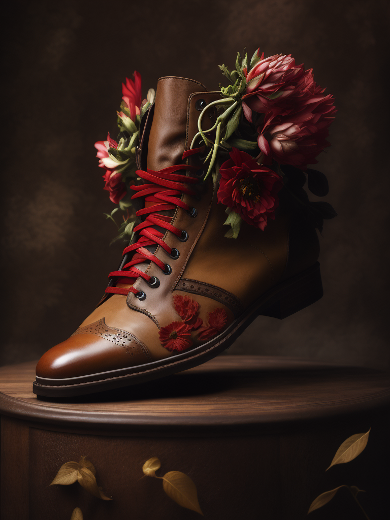 realistic photo of shoes with flowers, deep atmosphere, dark, saturation, vibrance, sharp on details