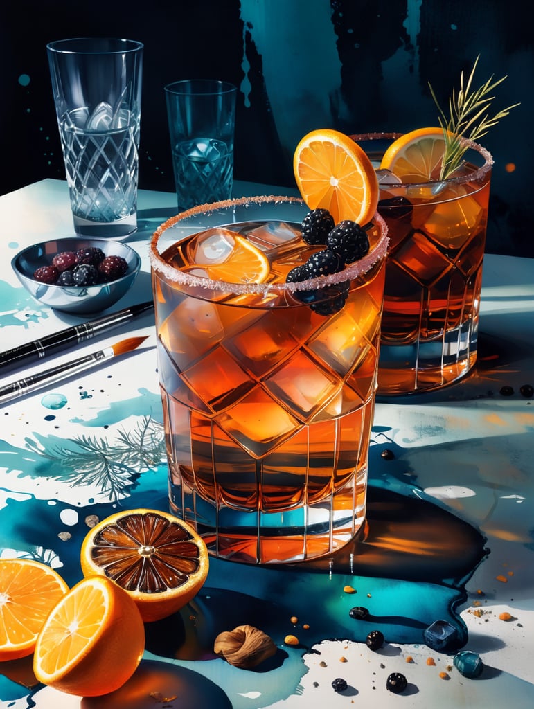 Gin cocktail with dried fruit slices, salted glass rim, mood lighting