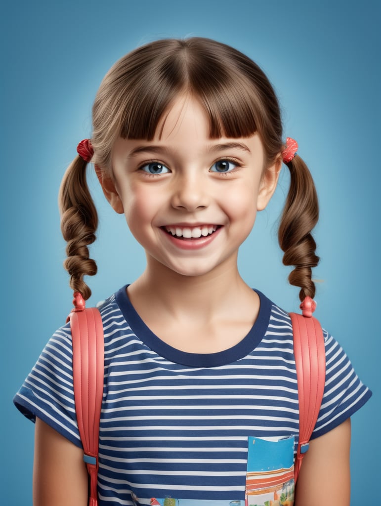 photo happy little girl going to travel, cute girl, Striped T-shirt, blue background, harpers bizarre, cover, headshot, hyper realistic