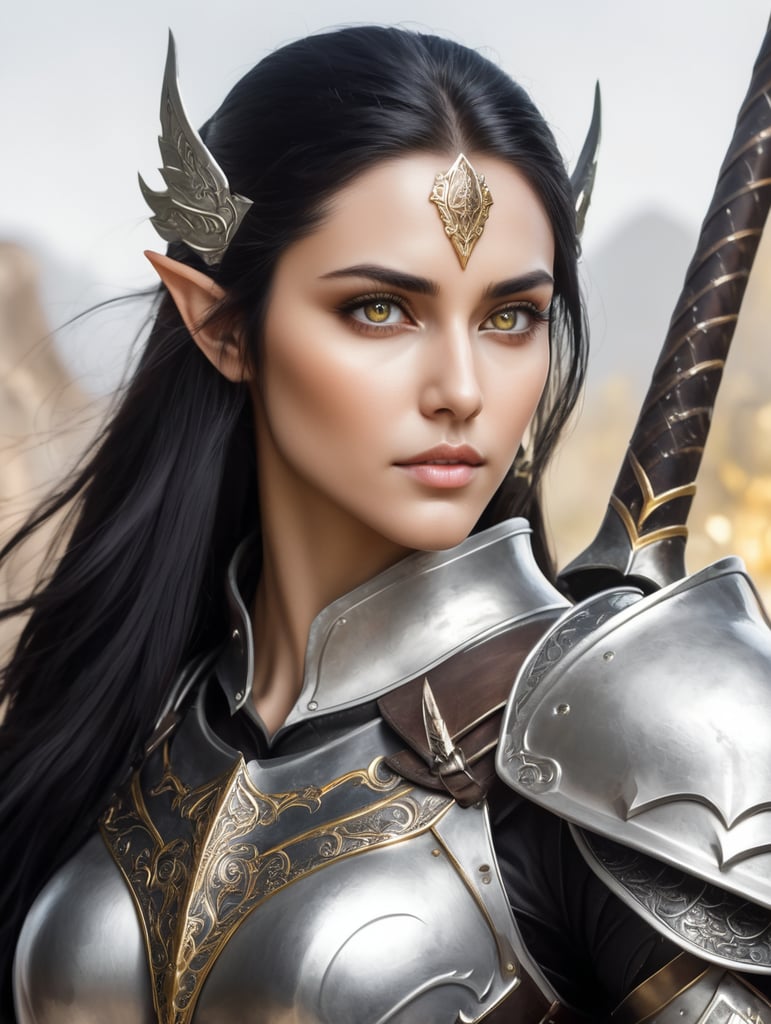 A beautiful Elf paladin with hazel eyes and long black hair, carrying her great axe in her silver and gold armor
