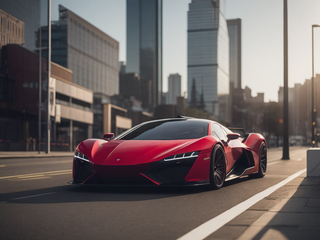 Capture a stunning photograph of a vibrant red futuristic car no logo, no symbol, no brand. Utilize a Zeiss Otus 55mm f 1. 4 lens for exceptional sharpness and color rendition to emphasize the luxury and extravagance of the scene. Experiment with a shallow depth of field (around f 2. 8) to separate the subject and the car from the background. Pay close attention to the volumetric lighting, creating dramatic shafts of light that envelop the scene in a warm, ethereal glow. Experiment with various angles and perspectives, such as low - angle shots, to accentuate the power and prestige of both the subject and the setting. Like the car's polished body , to add depth and visual interest to the composition. Finally, capture the essence of luxury, ambition, and urban sophistication in this captivating diffusion photography scene.