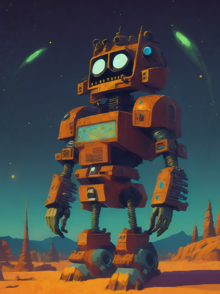 60s cartoon style photo of a huge savage skelton emopunk robot in far off galaxy, style of hannah barbara, studio ghibli, akira toriyama, james gilleard, warner brothers, trending pixiv fanbox, acrylic palette knife, vibrant colors, devinart, trending on artstation, low details, smooth