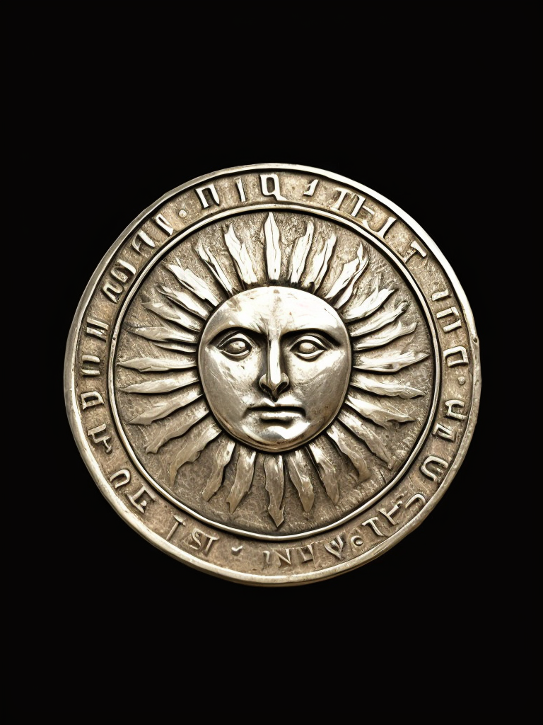 ancient Greek silver carved coin with sun face, deep carved silver