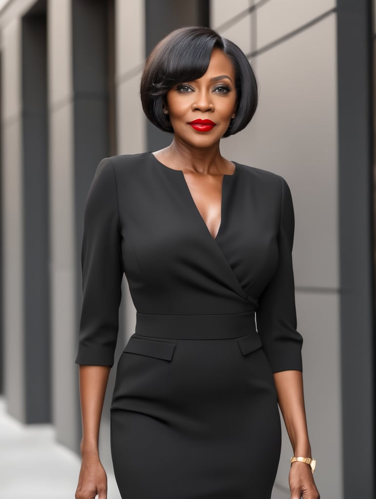 red lips older black woman, tall slender, full body, black dress, short black bob hair, business background