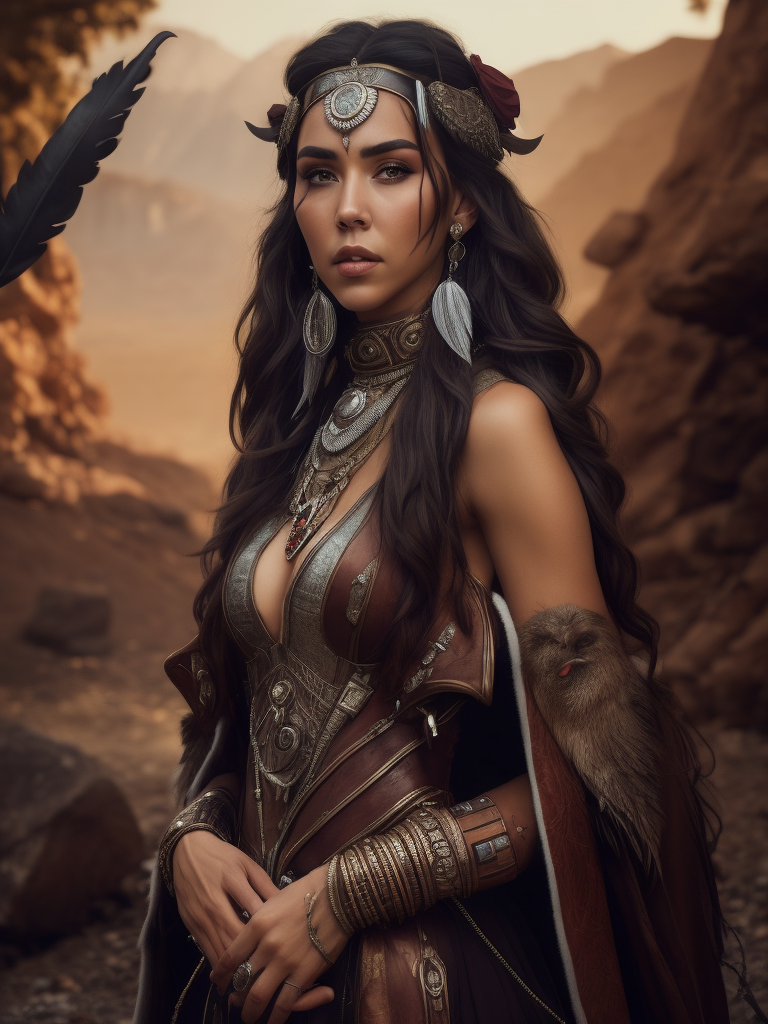 mdjrny-v4 style portrait photograph of Madison Beer as Pocahontas, young beautiful native american woman, perfect symmetrical face, feather jewelry, traditional handmade dress, armed female hunter warrior, (((wild west))) environment, Utah landscape, ultra realistic, concept art, elegant, ((intricate)), ((highly detailed)), depth of field, ((professionally color graded)), 8k, art by artgerm and greg rutkowski and alphonse mucha