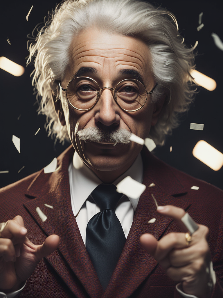 cinematic photo of Albert Einstein in rapper style. Dressed in a flashy suit, sunglasses perched on his nose, holding his Nobel Prize in his mouth like a true boss. Money raining down around him, crisp dollar bills fluttering in the air. A sleek sports car in the background, doors open, ready to ride. Einstein's confident smirk, a swagger in his stance, the embodiment of intellectual cool and unapologetic brilliance. 35mm photograph, film, bokeh, professional, 4k, highly detailed, vibrant, stunningly beautiful, high contrast, ultra-modern