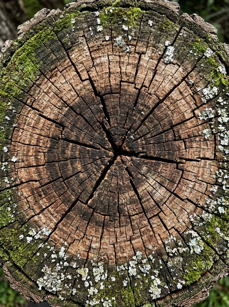 A macro top-down view of a weathered tree trunk cross-section fills the frame with intricate organic geometry. Concentric growth rings ripple outward from a dark core, heavily intersected by deep, jagged radial fissures forming a chaotic starburst pattern. The textured wood transitions from rich umber brown in the center to lighter tan, encircled by a prominent, vibrant band of green moss and algae. Small, chalky white patches of lichen speckle the rough surface. Captured in sharp, high-contrast natural lighting, the composition highlights the tactile depth of the crevices and the complex, aged wood grain.