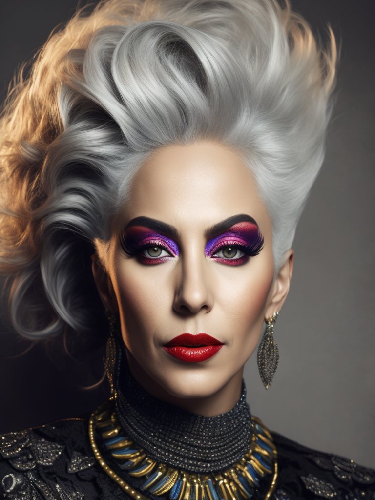 Lady Gaga a 70yr old singer with bright dramatic make-up and wild hair, beautiful pores and skin texture, detailed high resolution image, grey hair, Dior makeup, award winning fashion editorial image