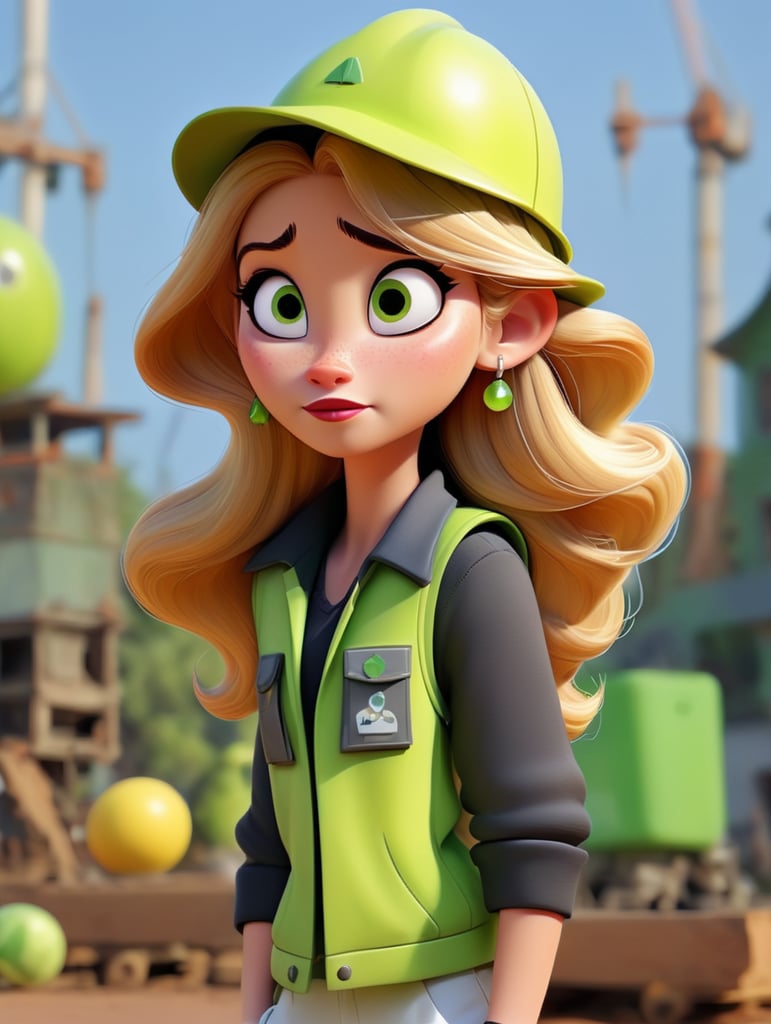 straight blonde hair girl brown eyes, with white construction hat, a green construction work reflective vest, golden earrings, a silver watch in a left arm, white wide pants and white shoes, with construction background, cartton style